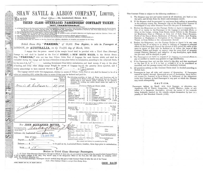 Grannie’s Shipping Ticket from London to Sydney Australia – 1912, Shaw Savill & Albion Company